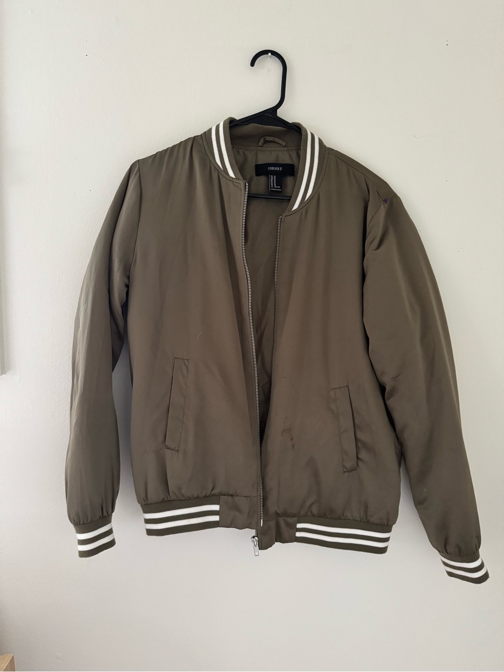 Olive Bomber Jacket with Striped Trim